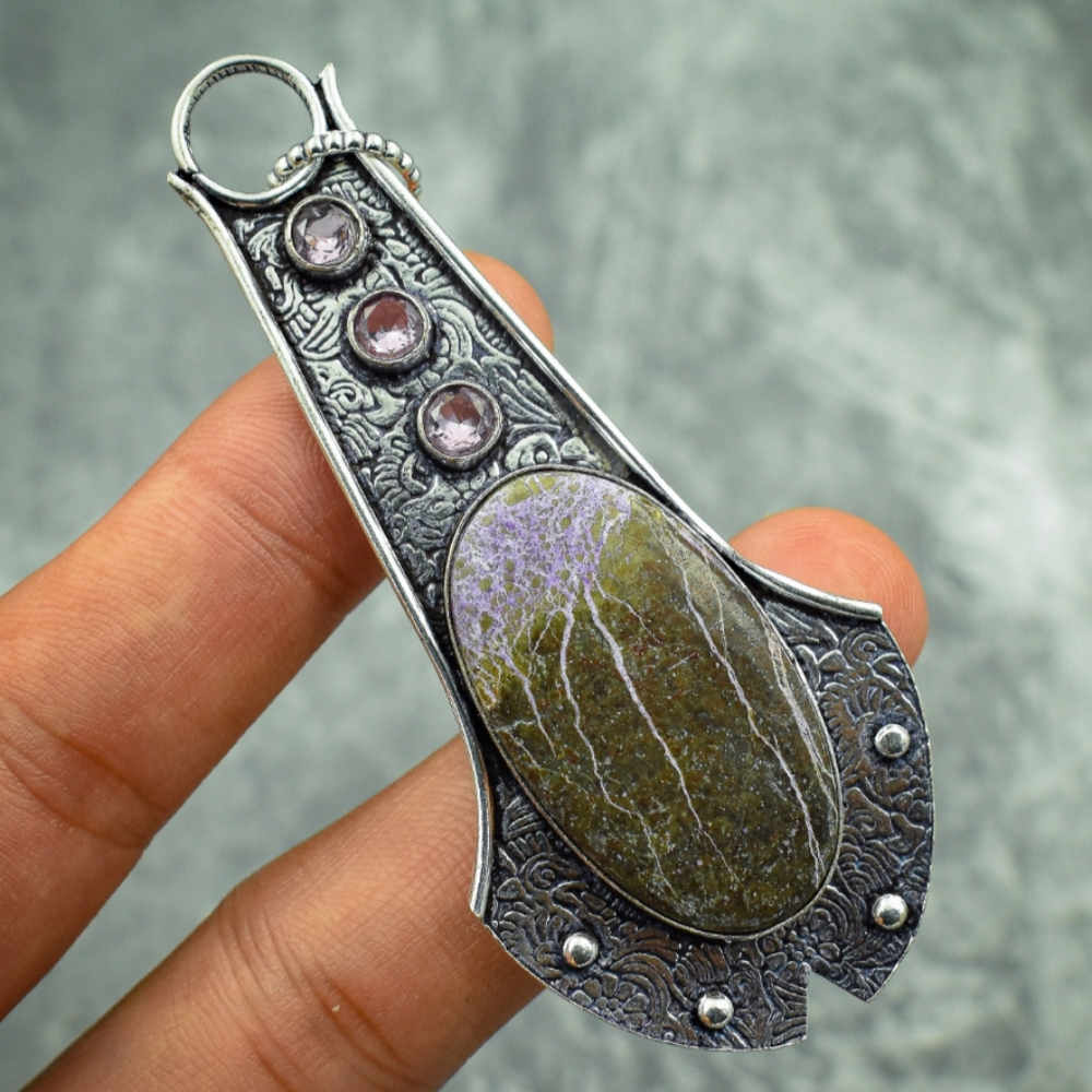 OOAK LARGE 925 stamped silver Purpurite and amethyst PENDANT Medieval viking